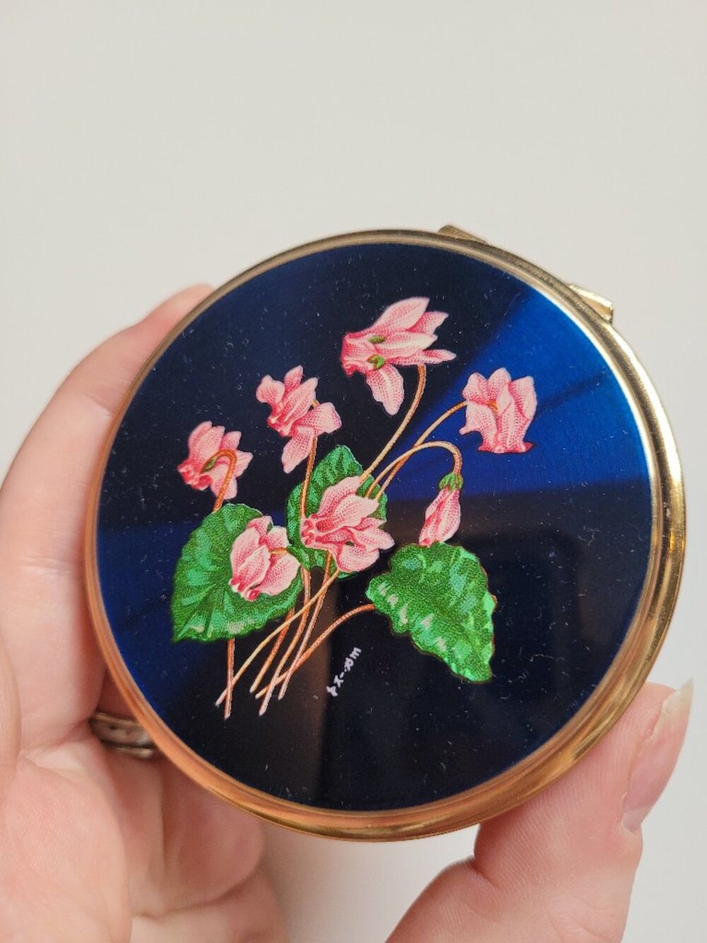 Vintage Stratton Convertible Compact Blue and Gold 60s Floral Mirror Compact